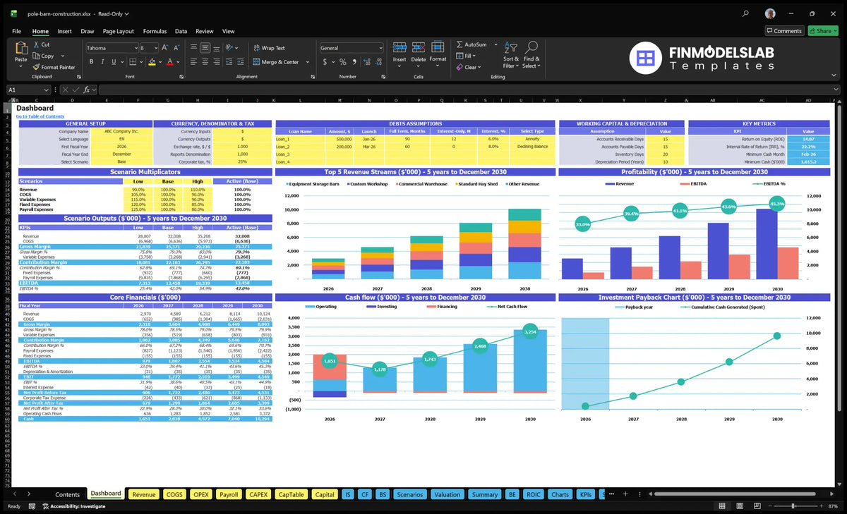 The data table for the construction service Polak Barn presents global settings, assumptions on debt, working capital, scenario results, revenue basket, profitability, cash flow and return charts