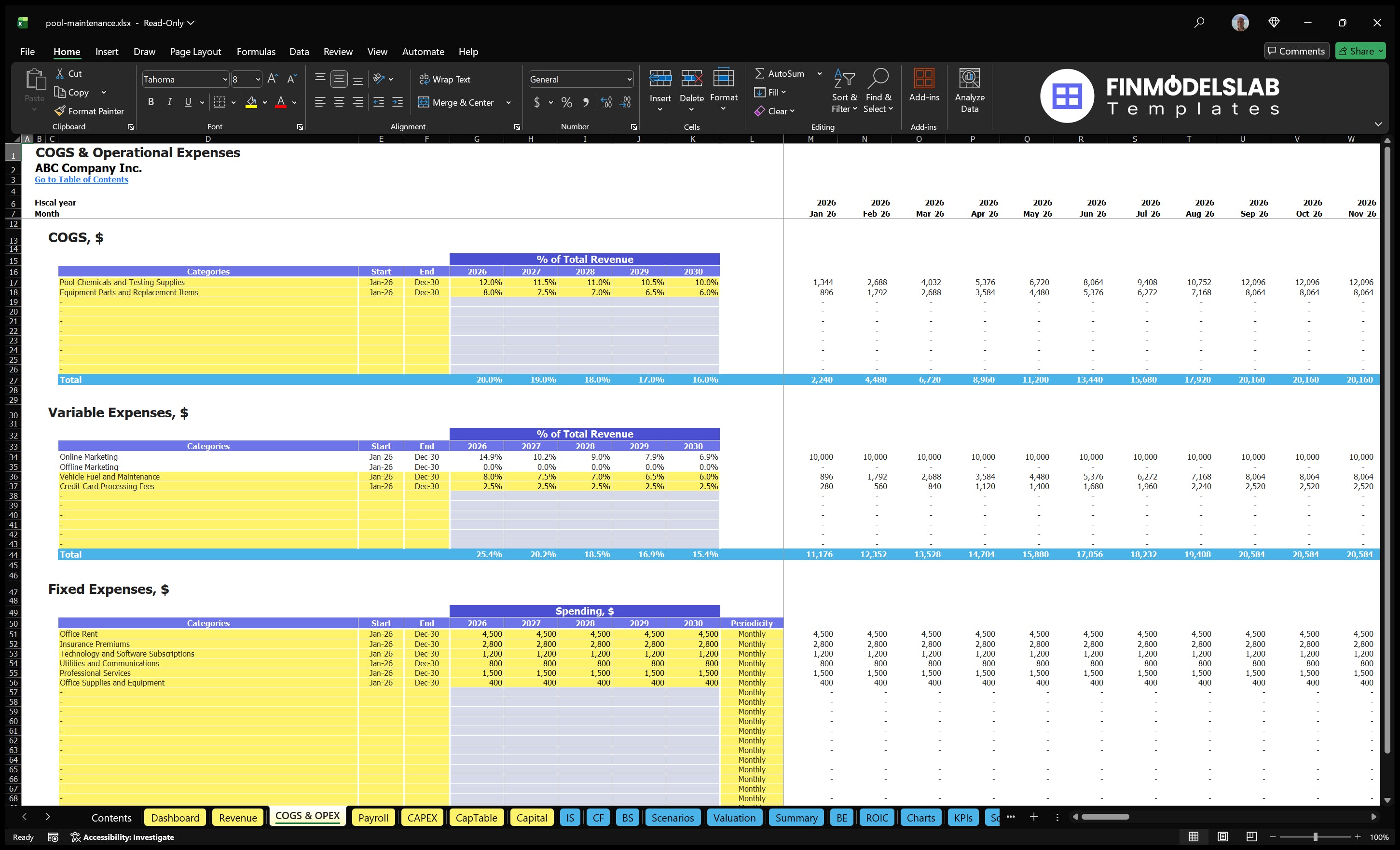 Maintenance of the pool COGS and OPEX worksheet with pool chemicals, equipment costs, variable costs, fixed overheads, time and monthly forecasts