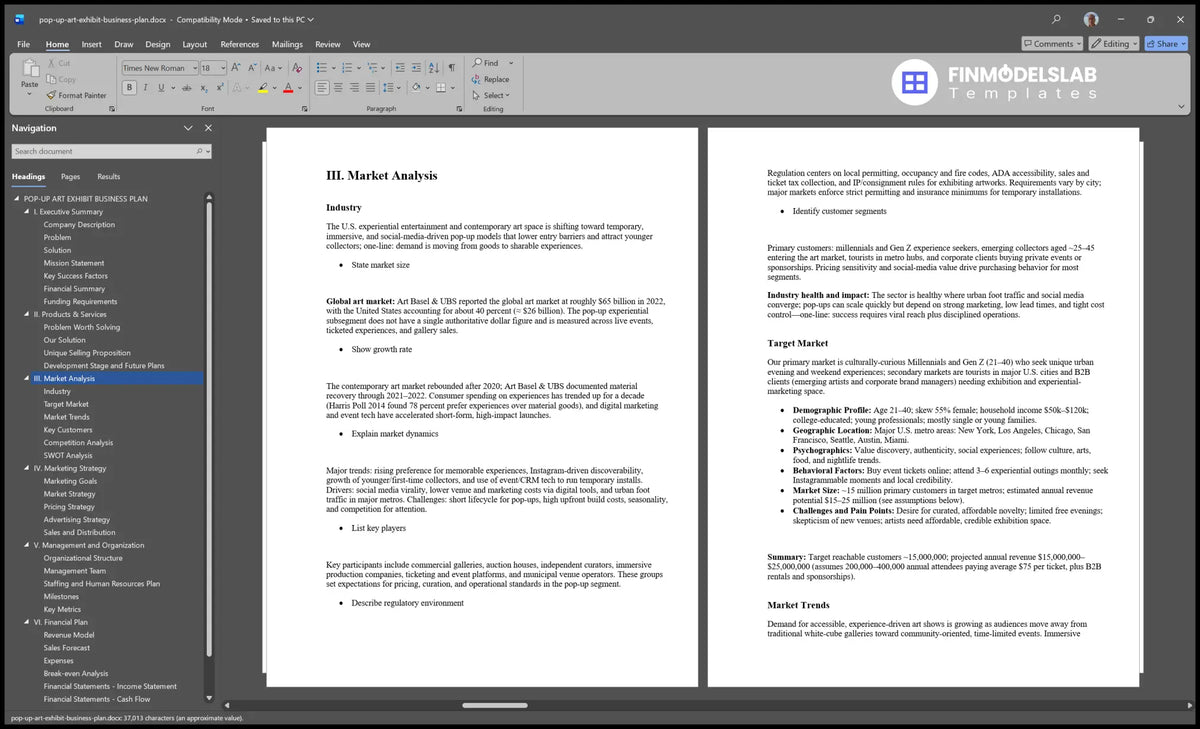 Pop-Up Art Exhibit Plan Template: 5 Years, 14 Mo Breakeven