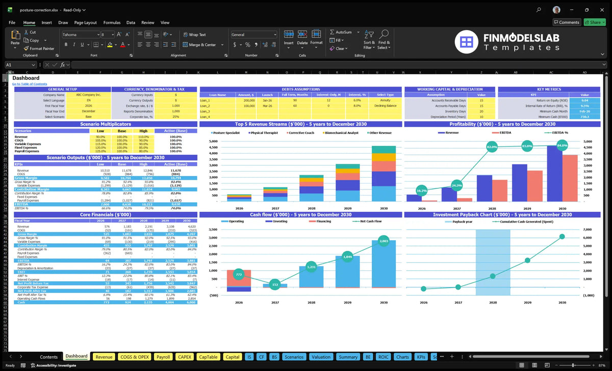 Post correction services Financial model of the navigation desk with configuration control, scenario multipliers, key metrics, revenue mix, profitability, cash flow and return charts