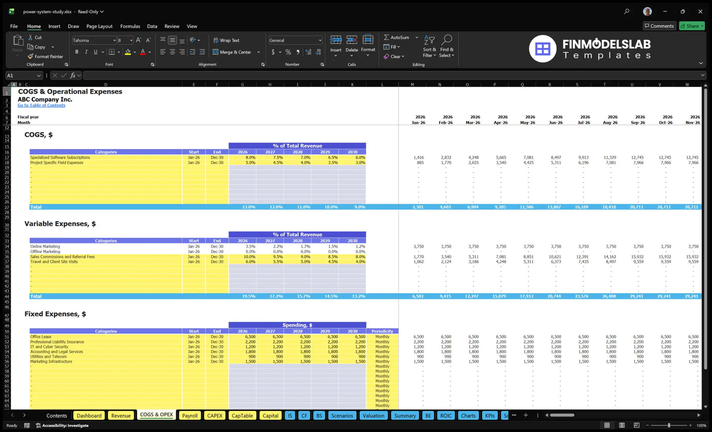 Energy Engineering System Study Financial Model COGS and OPEX worksheet with direct costs, variable expenditure, fixed expenditure and monthly schedule of operating costs