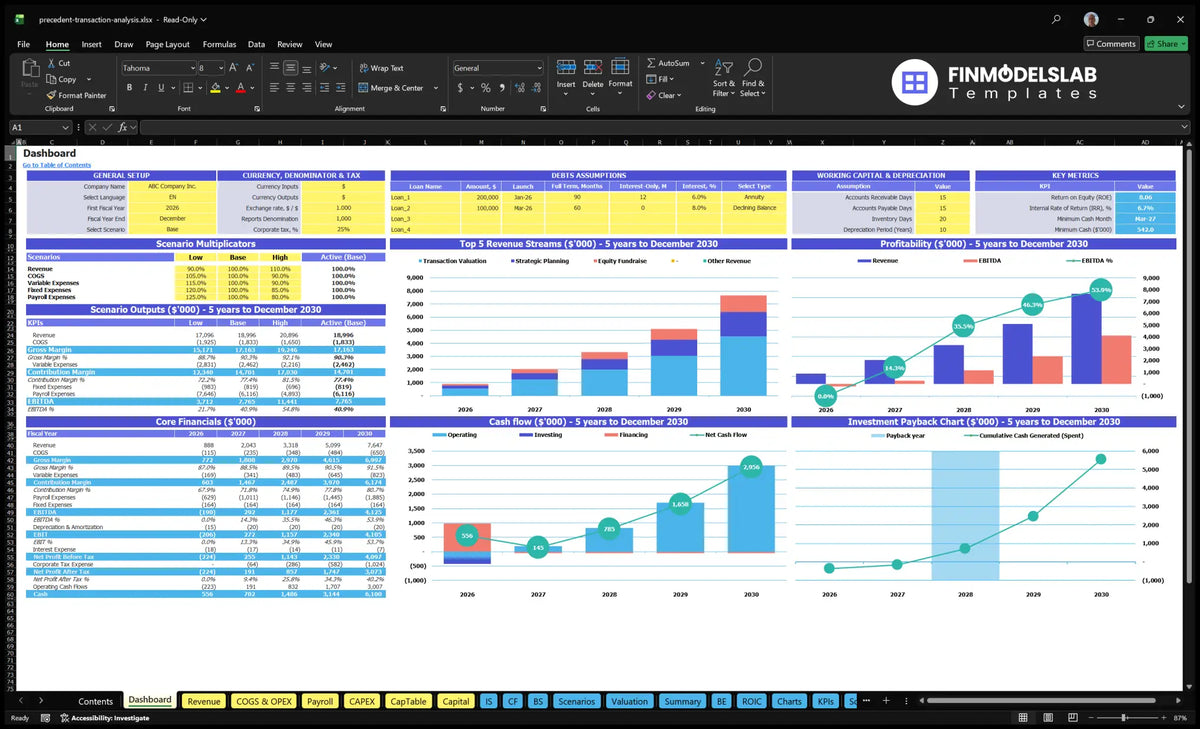 Table with general data, scenario multipliers, KPIs, revenue mix, profitability, cash flow and return on investment charts.