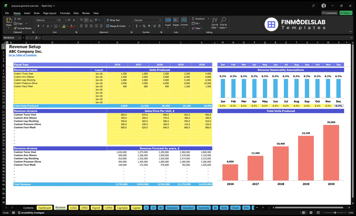 Worksheet for CSR Garment for Scar Treatment Financial Model showing product lines, launch dates, units produced, unit prices, seasonality and revenue forecasts.