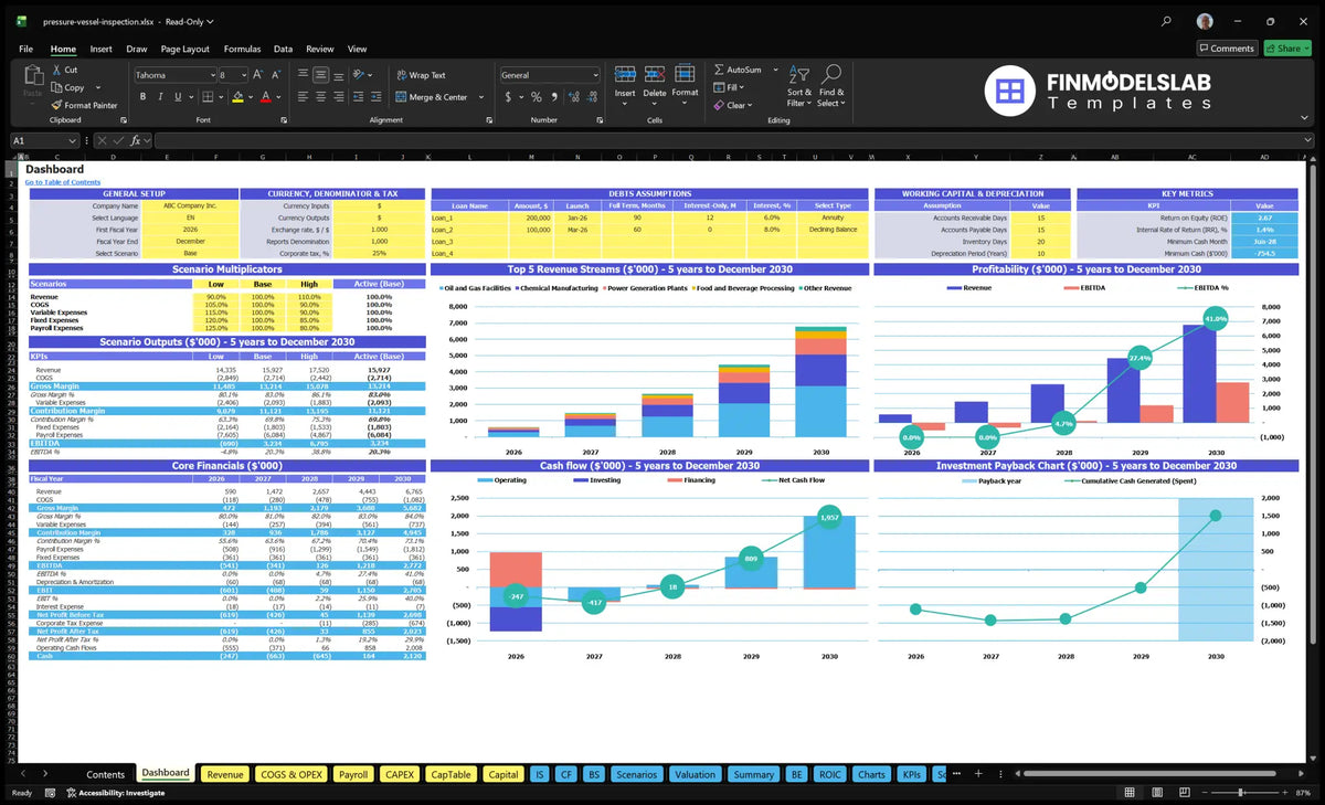 Table of data for CSR Vessel Inspection Service Financial Model showing general settings, debt and working capital control, scenario results, revenue mix, profitability, cash flow, basic finances, key indicators and return charts.