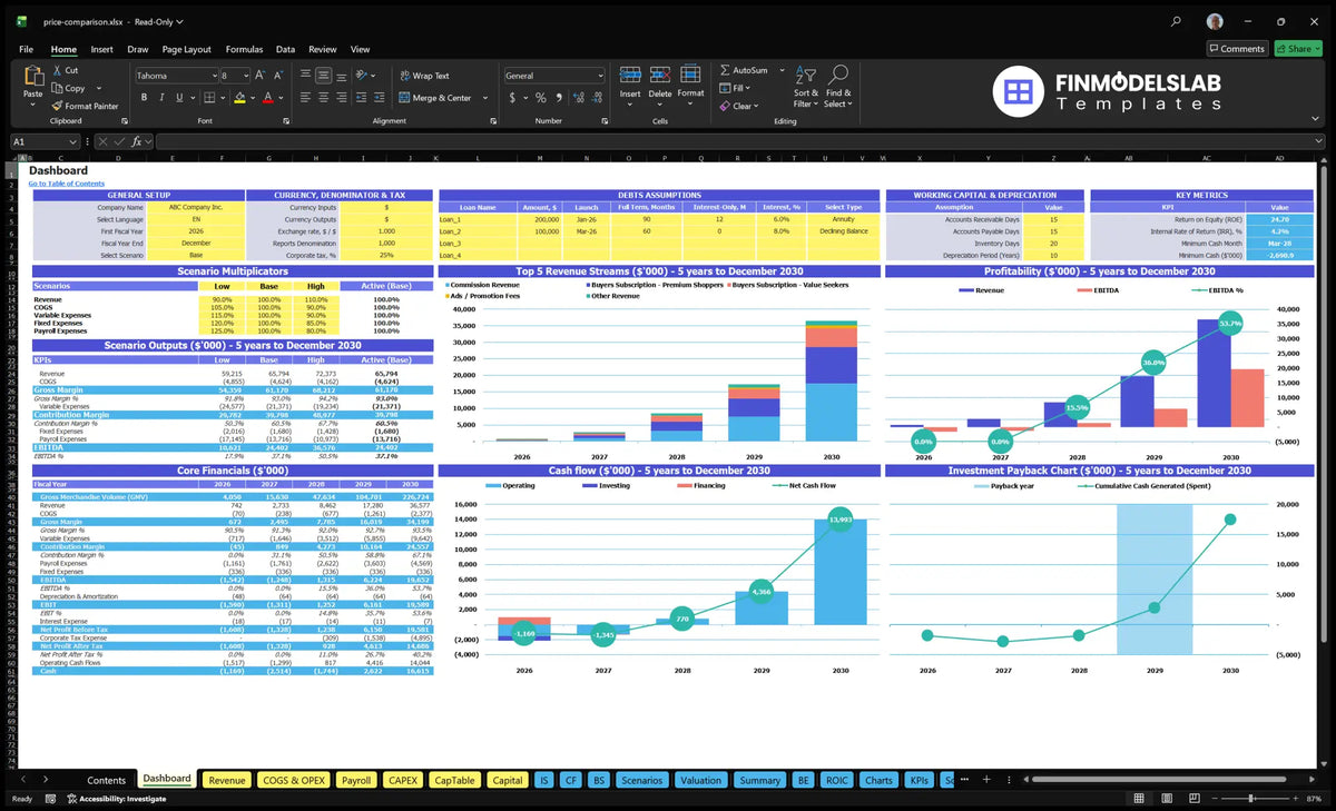Comparison of prices of Websites Table showing model settings, debt assumptions, scenario multipliers, financial KPIs, revenue mix, profitability, cash flow and return on investment charts