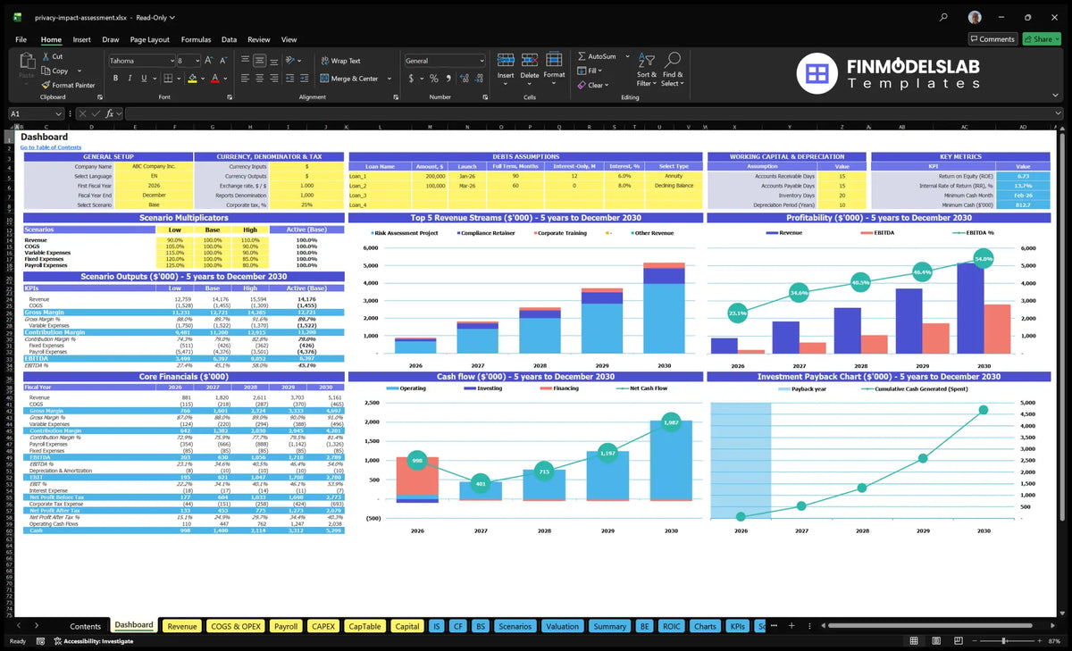 Table data for Privacy Impact Assessment Consulting Financial model showing general positions, debt and working capital control, scenario results, revenue mix, profitability, cash flow, basic finances, key indicators and return charts.