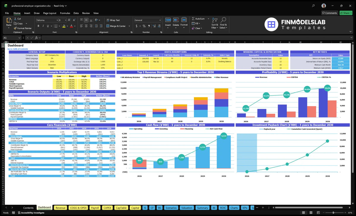 Professional Employers' Organisation Financial Model Configuration Table showing configuration controls, scenario multipliers, revenue mix, profitability, basic finances, cash flow and return on investment