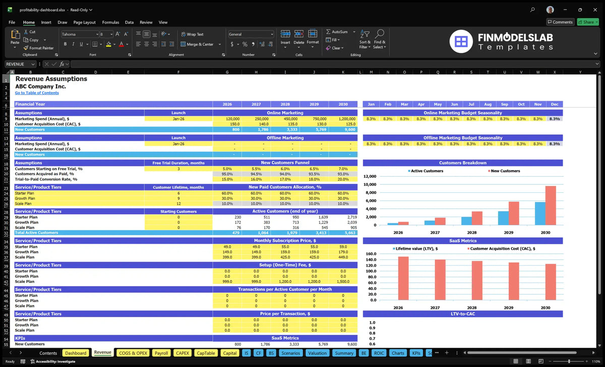 Profitability Dashboard Software Worksheet with marketing, conversion, mix of plans, customers and pricing assumptions