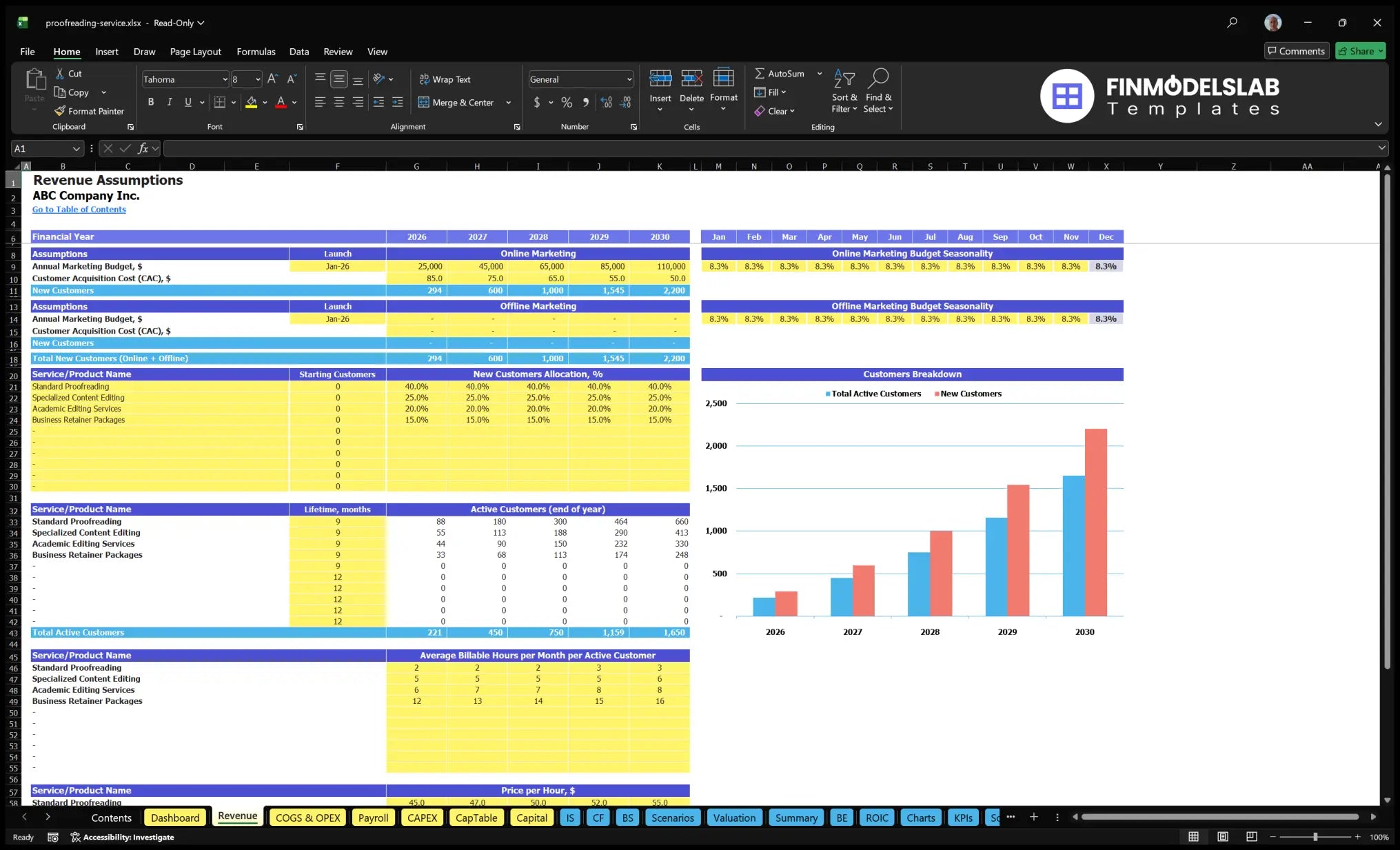 Viewing and editing of service Financial model Revenue Establishment of worksheet with commissioning schedule, marketing budget, CAC, customer cohorts, billing hours, hourly rates and revenue entry