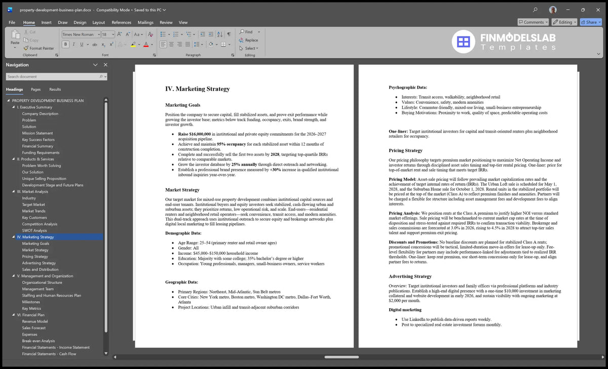 Property Development Plan Template 57 Months Payback 29 Breakeven