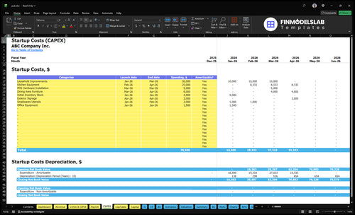 Pub Financial Model capex inputs showing capital expenditure categories and timelines, letting users customize startup and growth capex, asset lives and schedules for accurate cash planning and scenario-ready projections