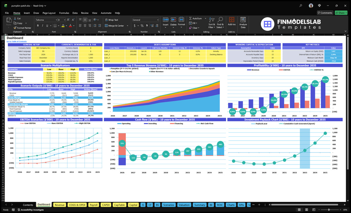 Pumpkin Patch Dashboard with model setting, scenario multiplier, revenue mix, profitability, cash flow, EBITDA scenarios and repayment charts