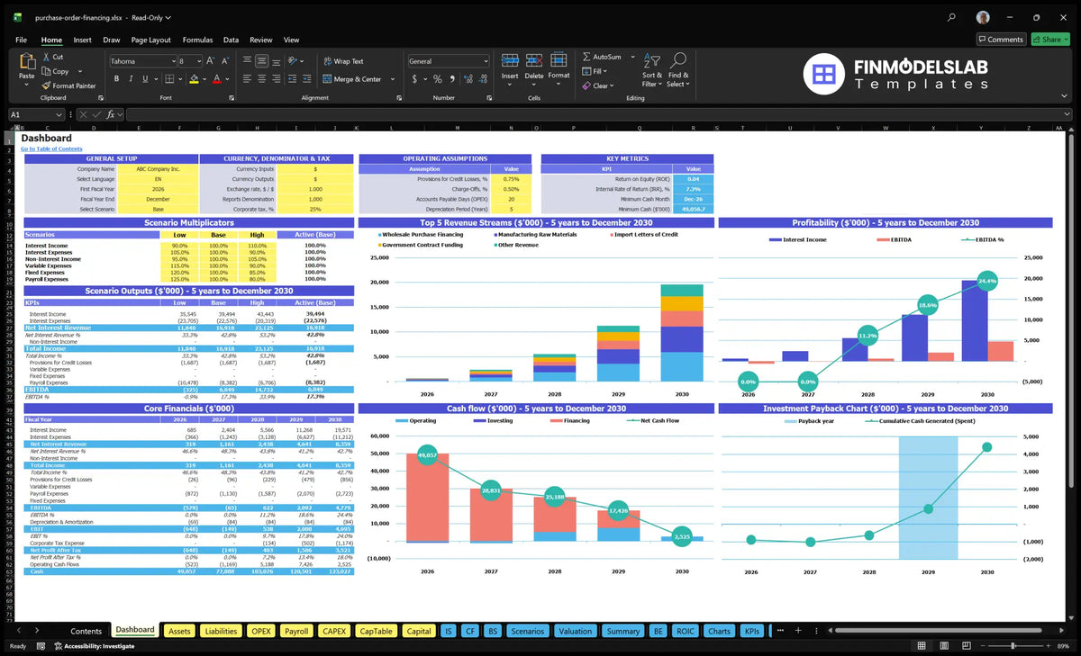 Dashboard showing scenario multipliers, key indicators, revenue mix, profitability, basic finances, cash flow and return on investment charts