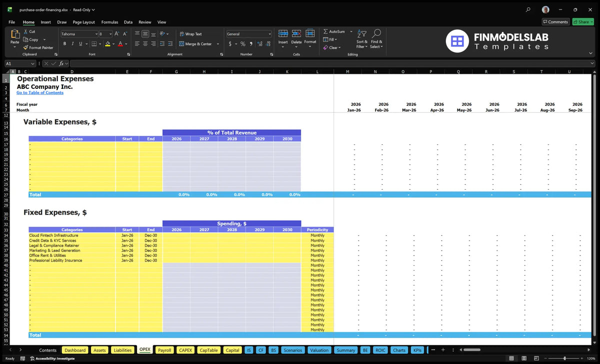 OPEX working sheet showing variable expenditure, fixed expenditure categories, start and end schedule, expenditure assumptions and monthly calculation of operating costs