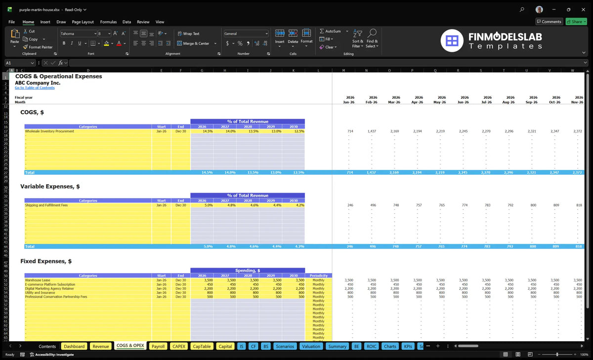 The purple Martin House Sales Financial Model COGS & OPEX shows the worksheet related to the revenue of COGS, variable expenses and fixed operating cost schedules.
