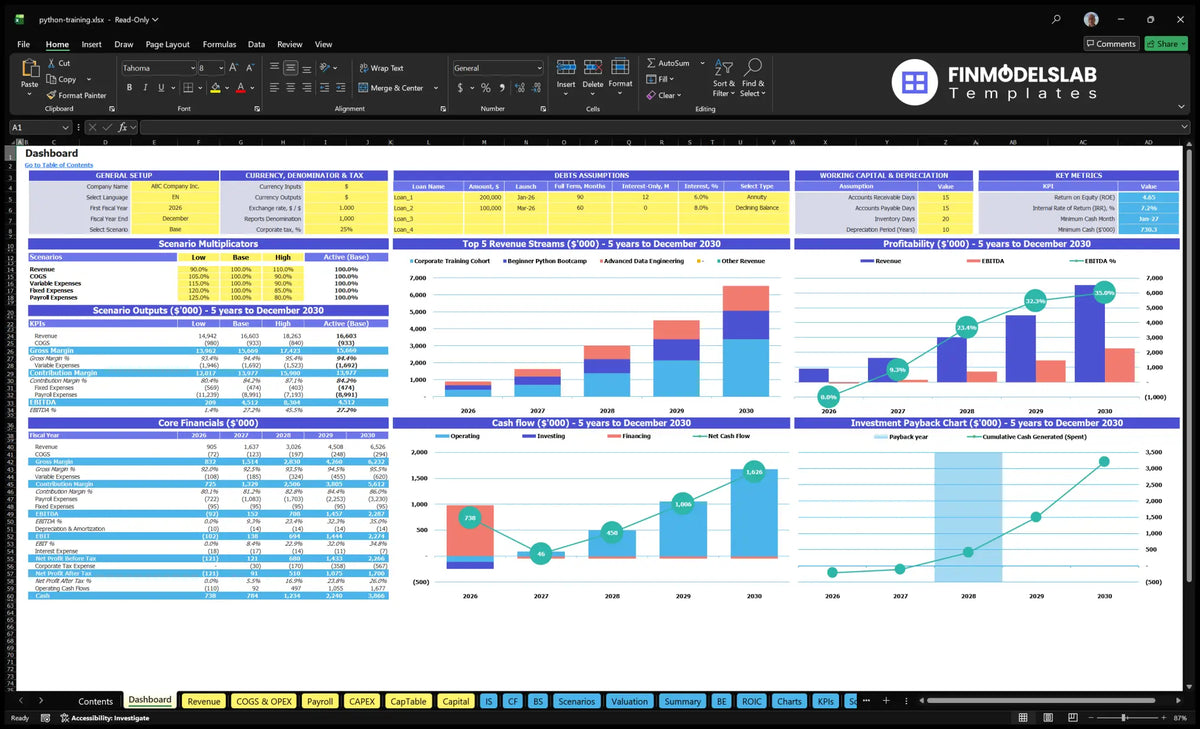 Python Programming Dashboard Course with control configuration, scenario multipliers, KPIs, revenue mix, profitability, cash flow and return on investment charts