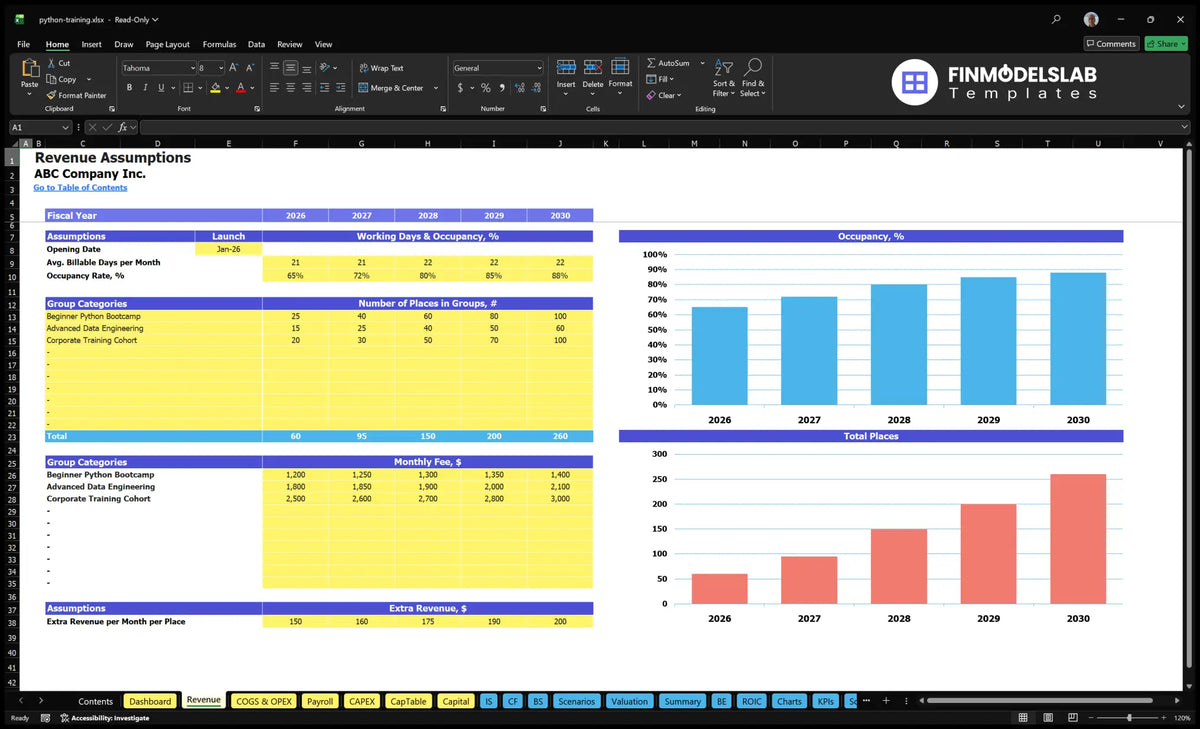 Python Programming Training Income Establishments sheet with start date, occupancy, course location, monthly fees and additional revenue