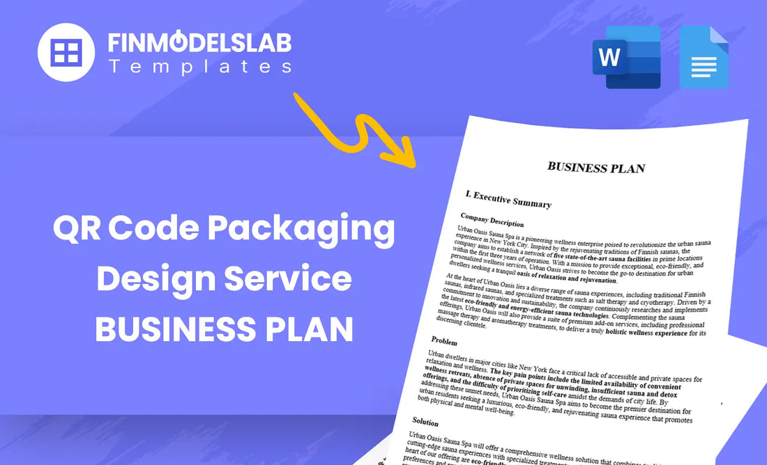 QR Code Packaging Design Service Business Plan template for entrepreneurs and agencies, built to win clients and investors with pre-written content, customizable in Word, investor-ready formatting; saves time and reduces consultant costs.