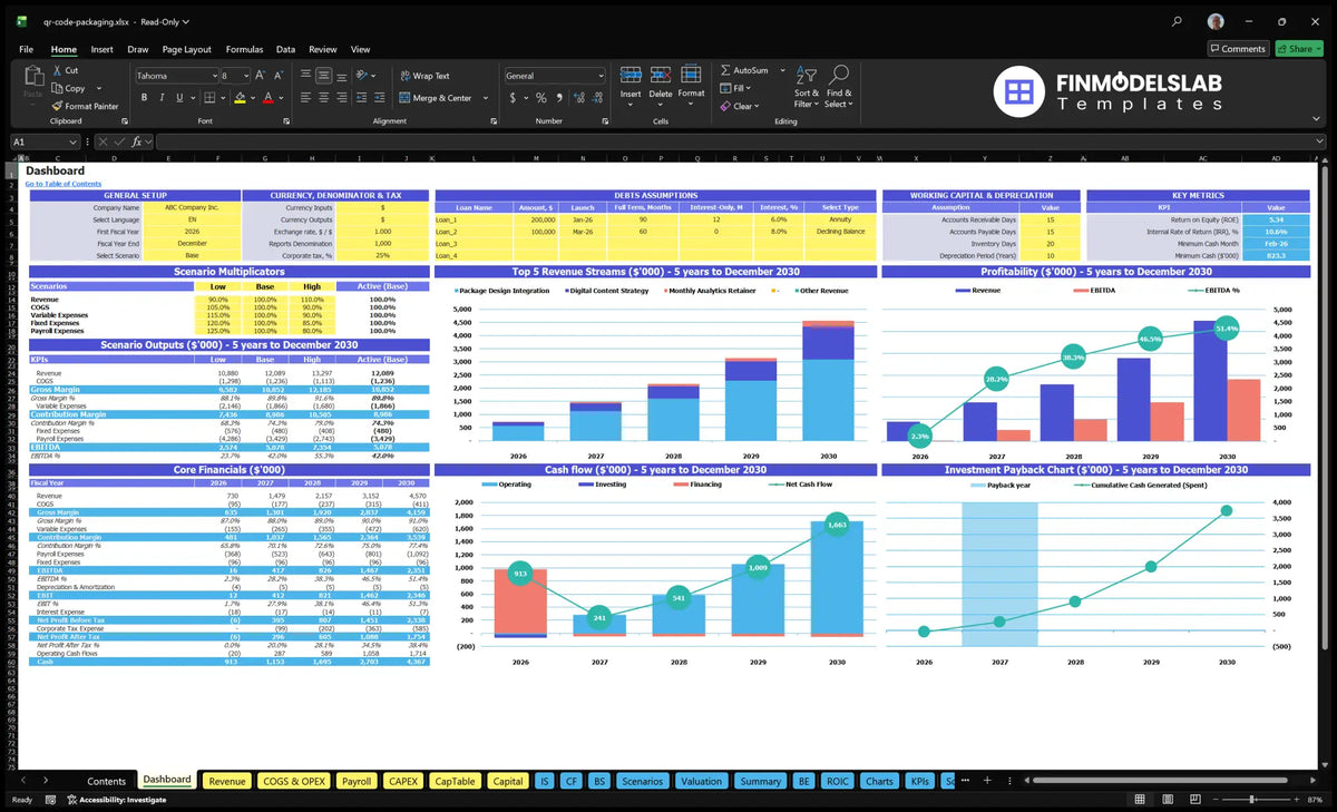 Table with general settings, scenario controls, mix of income, profitability, cash flow, basic finances and return on investment charts