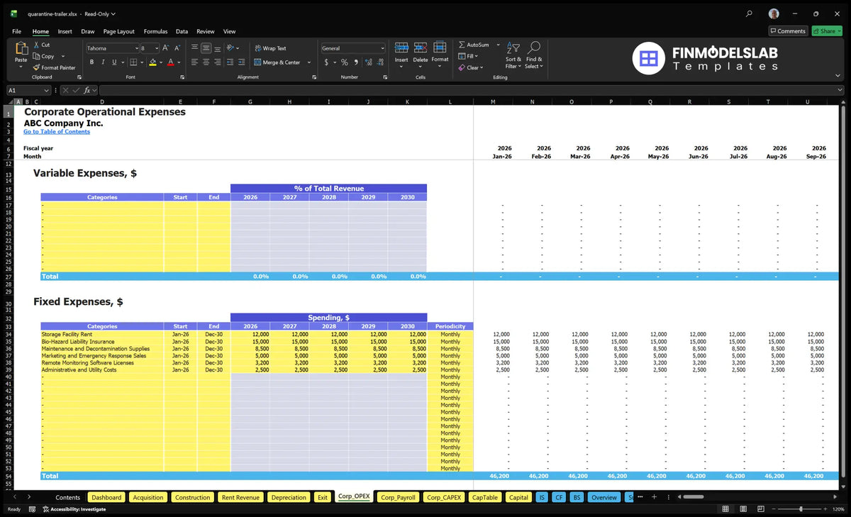 Quarantine trailer rental Financial model Corp_OPEX worksheet with variable and fixed operating costs