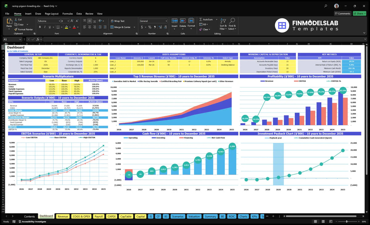 Pigeon Farm Race Dashboard holding showing configuration model, debt assumptions, scenario multipliers, key metrics, revenue mix, profitability, cash flow, EBITDA scenarios and return on investment