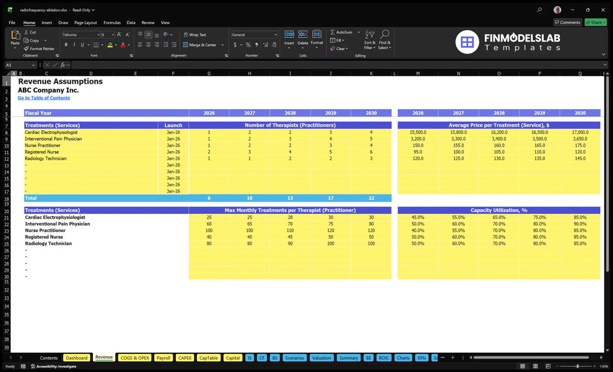 Ablacja Radiofonii Clinic Financial model The income form includes, starting dates, processing capacity, use and price inputs of services