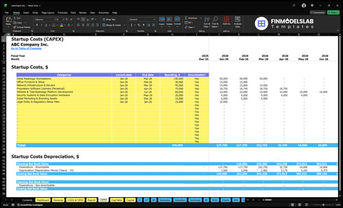 Radiologist Financial Model capex inputs allowing users to customize equipment purchases, facility upgrades and depreciation schedules for startup costs and ongoing capital planning, fully customizable.