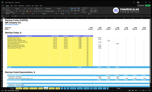 Radon Mitigation System Installation Financial Model capex inputs allowing customization of capital expenditures, equipment and installation costs, and timing for funding and depreciation, fully customizable for scenario planning