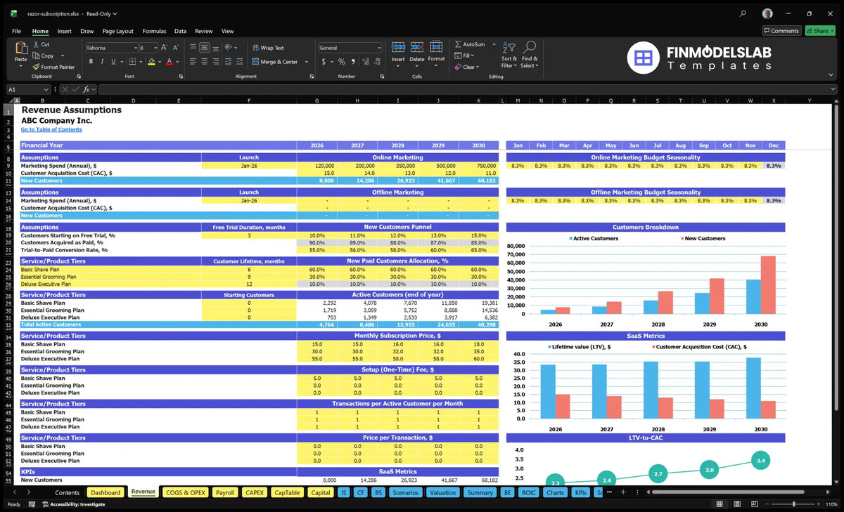 Razor subscription reports Worksheet revenue with acquisition assumptions, subscriber, prices, transactions and KPI