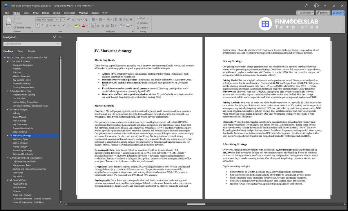 Real Estate Developer Plan Template: 21 Mo Breakeven, 60 Payback