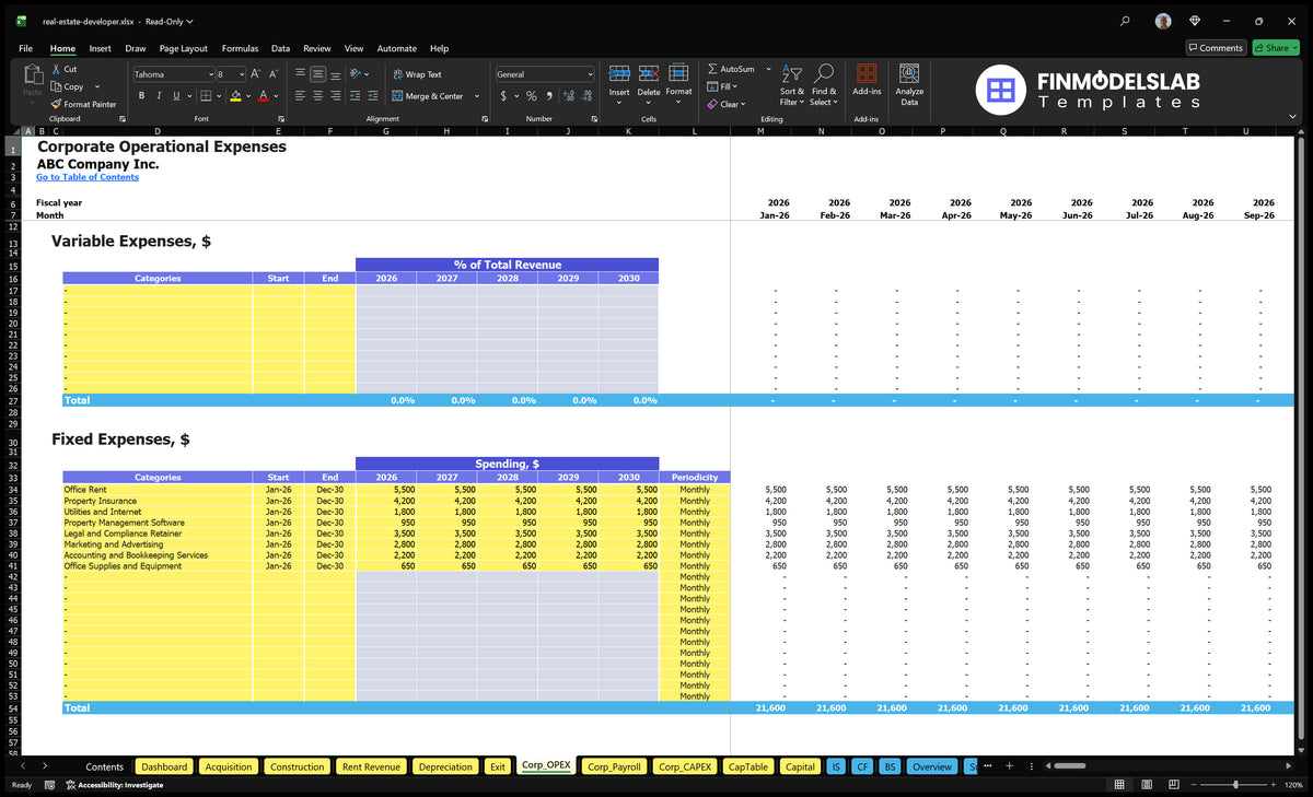The Corp_OPEX worksheet provides assumptions on variable costs, categories of fixed costs, start and end dates, annual expenditure, periodicity and monthly calculations