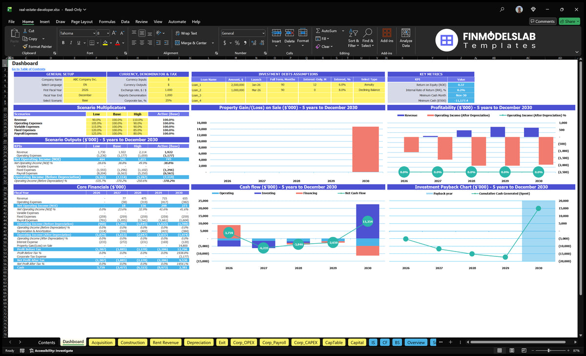 Table with general data, scenario multipliers, key indicators, annual financial results, real estate sales results, profitability, cash flow and return graphs