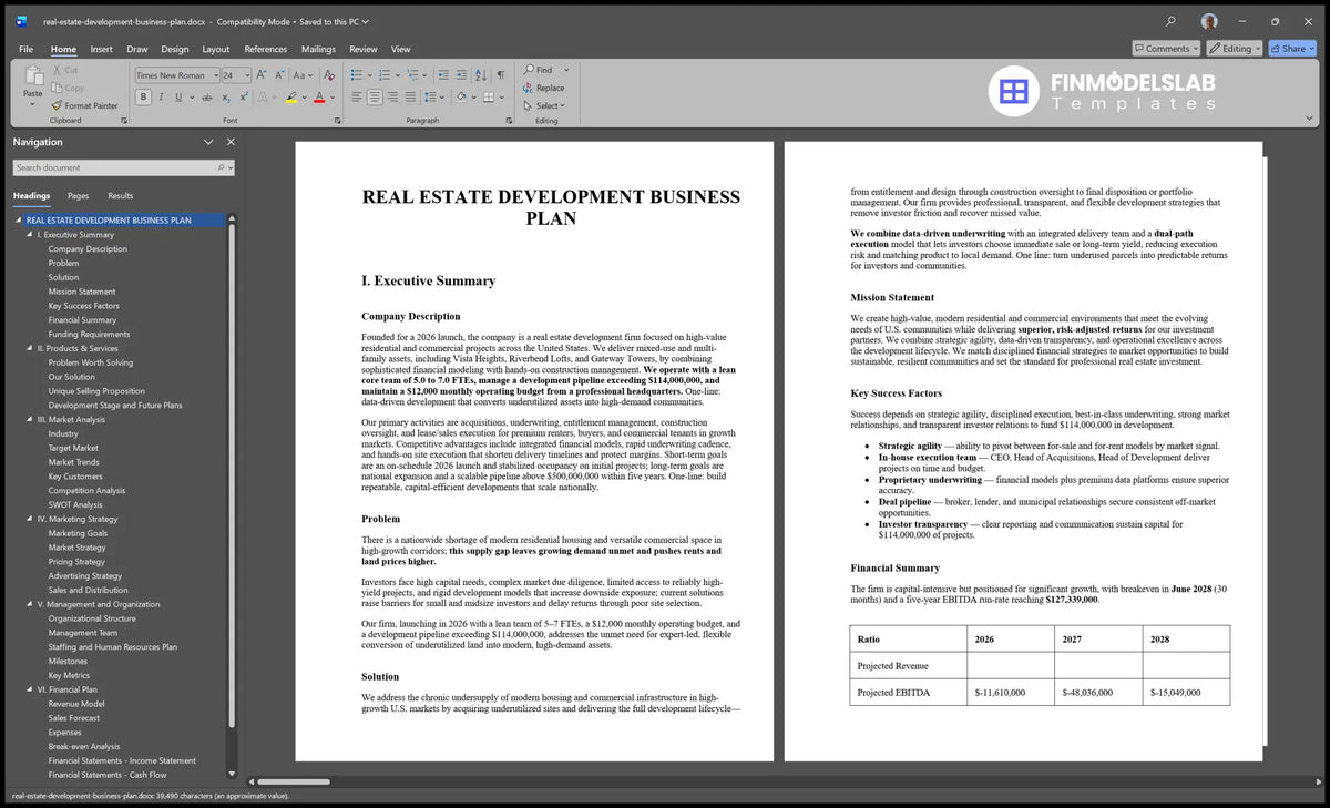 Editable Real Estate Development Business Plan Template