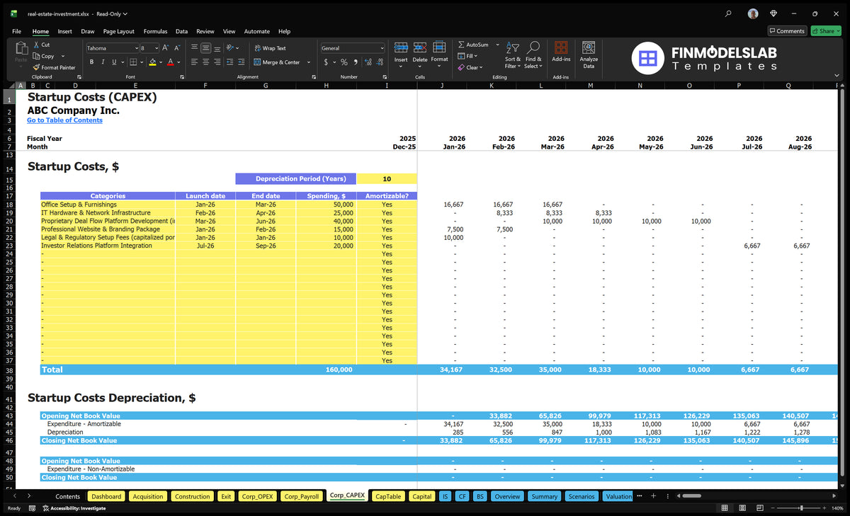 Capital expenditure worksheet showing project costs, timing, spending, and depreciation schedules