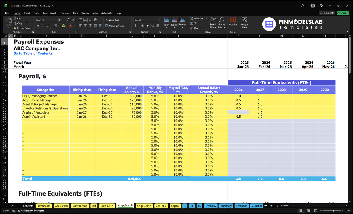 Real estate financial model payroll worksheet showing staffing costs and annual salary assumptions