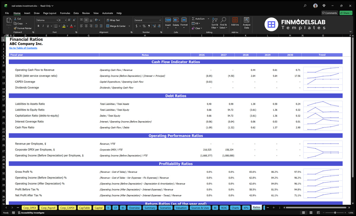 Real estate financial ratios worksheet covering cash flow, debt, operating performance, and profitability