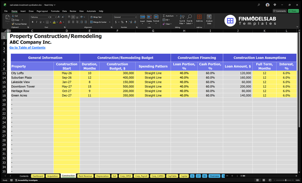 Real Estate Investment Syndication Model - 5-Year Projections, 32-Month ...