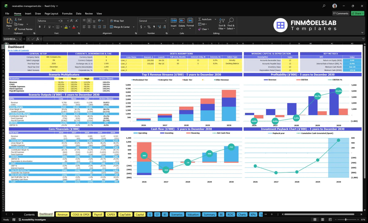 Collective table of debt management services with general set-ups, scenario multipliers, basic finances, revenue mix, profitability, cash flow and returns charts