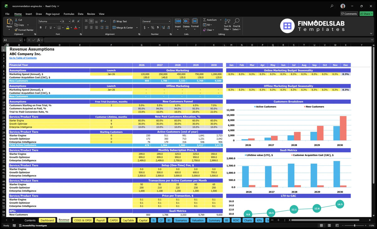 Recommendation Engine Development Revenues Establishing a worksheet with marketing, customer spelt, prices and meters SaaS