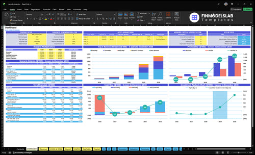 Record Store Financial Model dashboard summarizing key KPIs, runway and cash position with dynamic charts and performance metrics, investor-ready overview to avoid cash-flow blind spots.