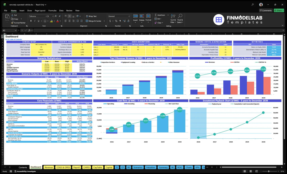 Worksheet model summaries, scenario multipliers, basic finances, revenue streams, profitability, cash flow and return on investment charts