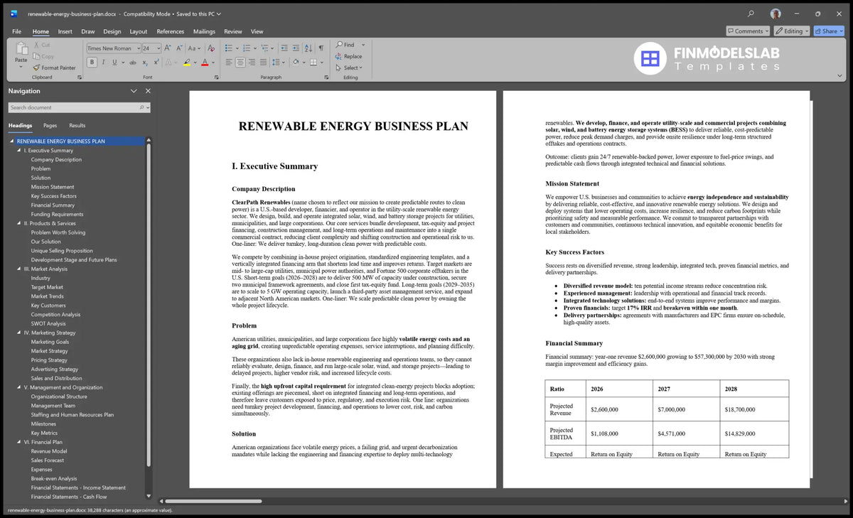 Renewable Energy Plan Template - 5Yr $50M Rev 106% ROE