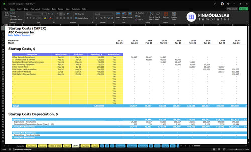 Renewable Energy Financial Model capex inputs showing capital expenditure categories and timelines, letting users customize project costs, equipment, installation and financing assumptions for scenario-ready forecasts