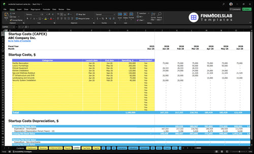 Residential Treatment Center Financial Model capex inputs showing capital expenditure categories and timelines, letting users customize asset purchases, facility build-out and depreciation assumptions. Fully customizable and scenario-ready.