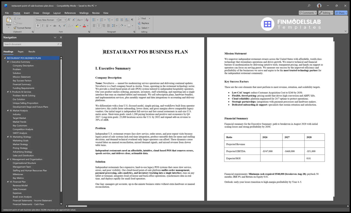 Restaurant Pos Plan Template 5-Year Forecasts 32-Month Breakeven