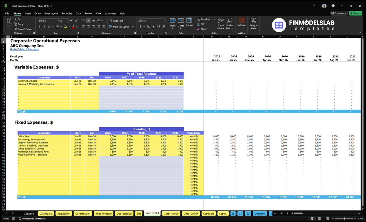 Corp_OPEX working sheet on retail development showing variable percentages, fixed cost categories, start and end dates, periodicity and monthly calculations