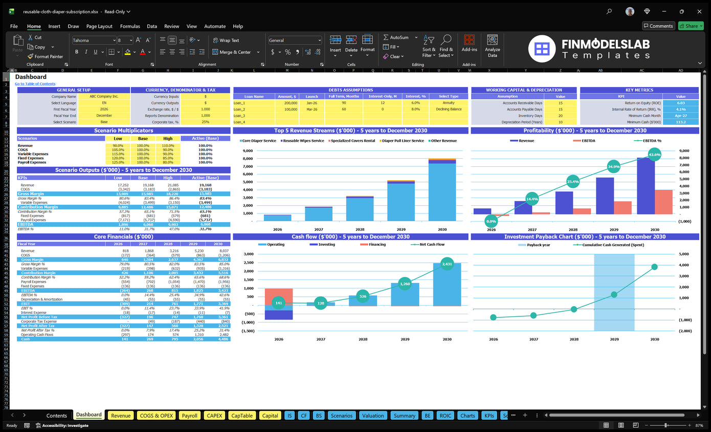 Table for the Diaper Financial Model, showing configuration checks, scenario results, finance, cash flow, revenue, profitability and return charts