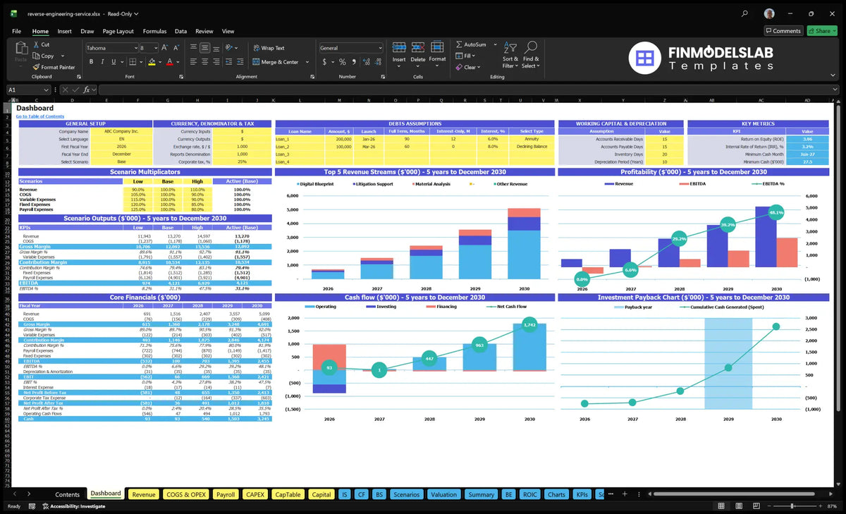Reverse engineering services Dashboard with model setting, scenario multipliers, KPIs, mix of revenue, profitability, cash flow and repayment charts