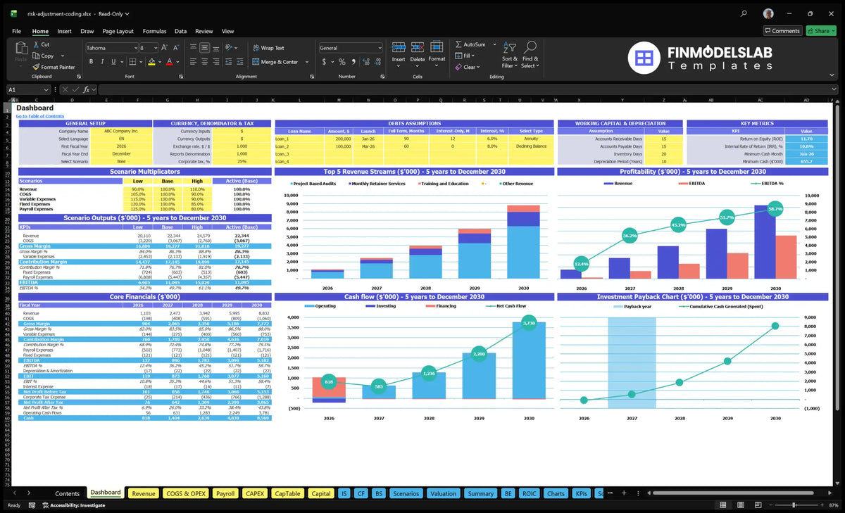 Worksheet annual table linking global settings, scenario controls, financial summaries, revenue, profitability, cash flow and charts payback period