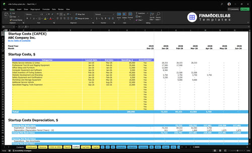 Sailboat Roller Furling System Installation Financial Model capex inputs showing capital expenditure items and installation costs, letting users customize equipment, installation timelines and funding needs, fully customizable for scenario planning and investor-ready forecasts.